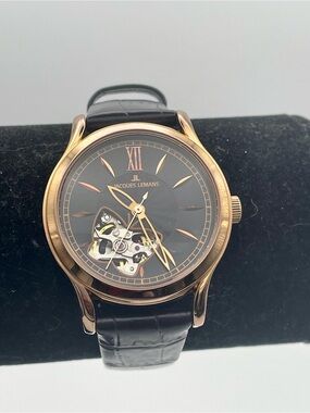 Jacques Lemans Black & Gold Open-Butterfly Skeleton Automatic Watch. Leather